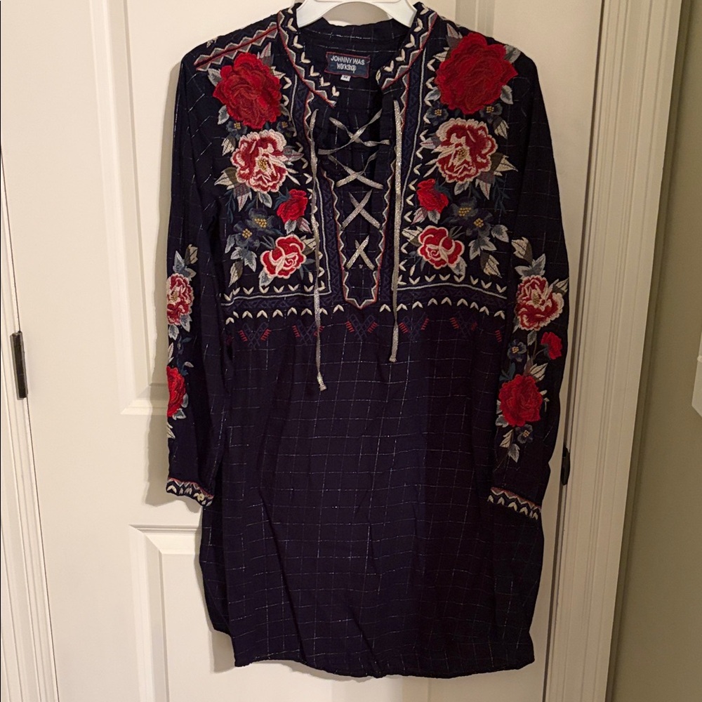 Johnny Was Navy Dress with Red Floral Embroidery